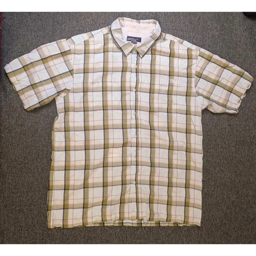 Vintage O'Neill Mens Tan Plaid Short Sleeve Button Up Shirt Size XL Surf Tee
